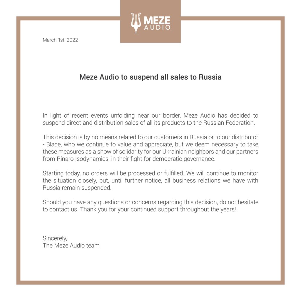 Meze Audio will suspend all sales to Russia due to events in Ukraine
